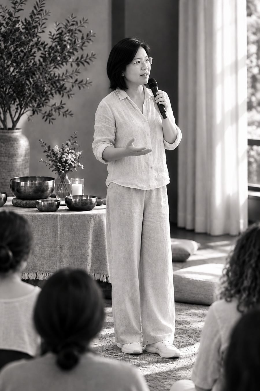 Aknes Kendra teaching a sound healing course